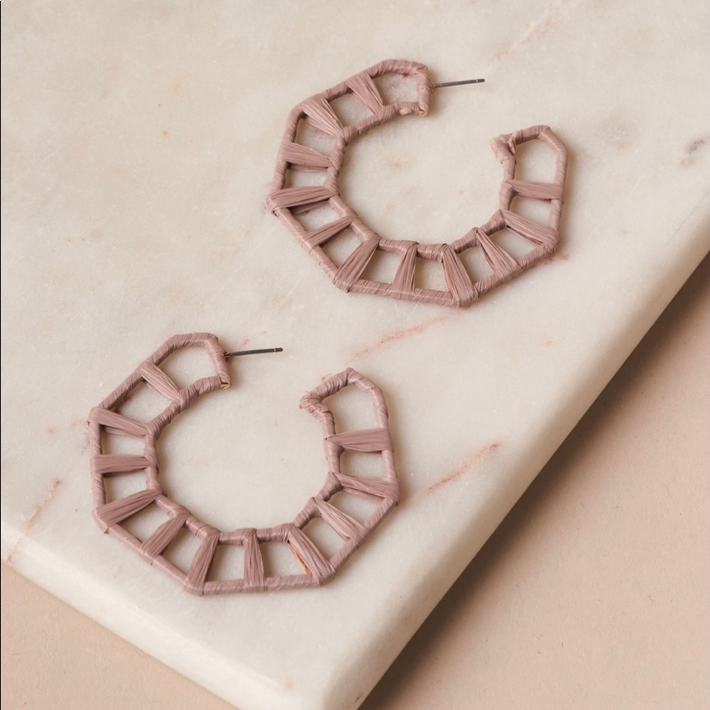Octagon Raffia Light Brown Hoop Earrings
